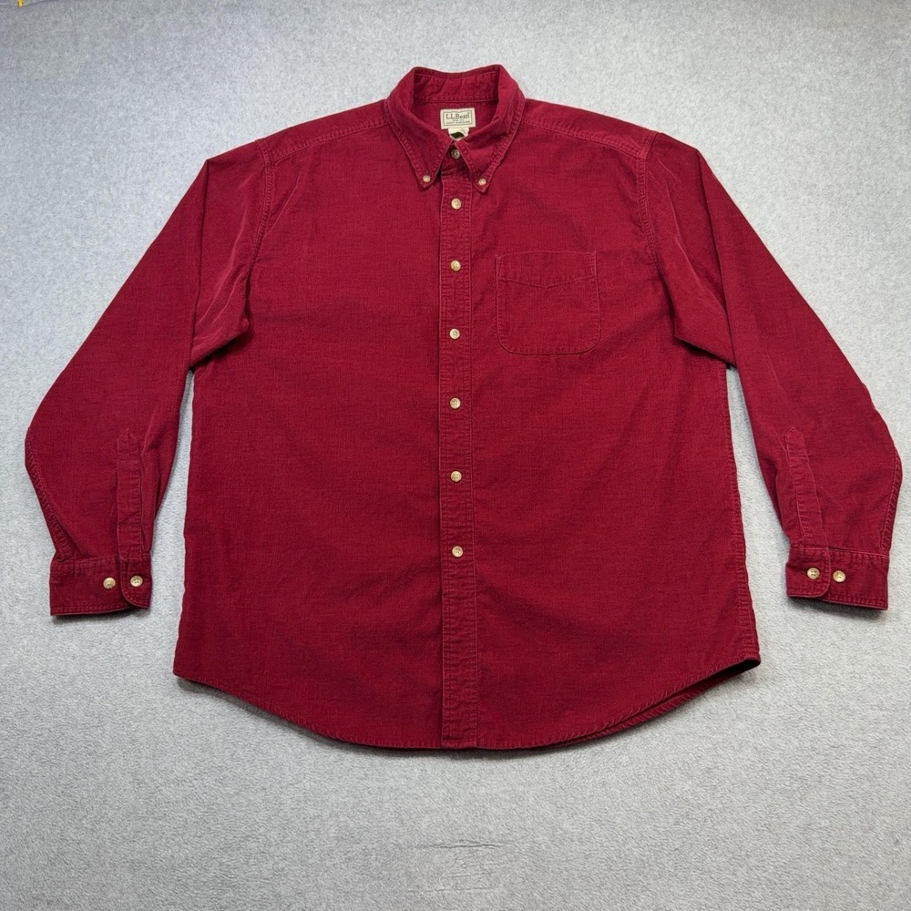 LL Bean Corduroy Shirt Mens Large Red Long Sleeve Button Down Cotton Casual